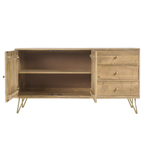 Buffet gravé en bois manguier massif et métal doré 2 portes 3 tiroirs L145 cm LINIUM