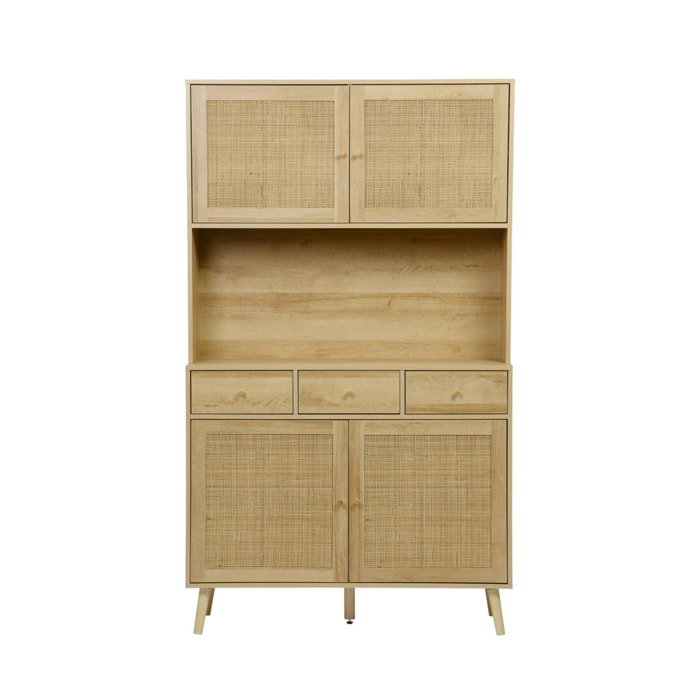 Buffet de cuisine BOHEME décor bois et cannage 4 portes 3 tiroirs 110 cm. Naturel. pieds en bois de pin revêtement papier