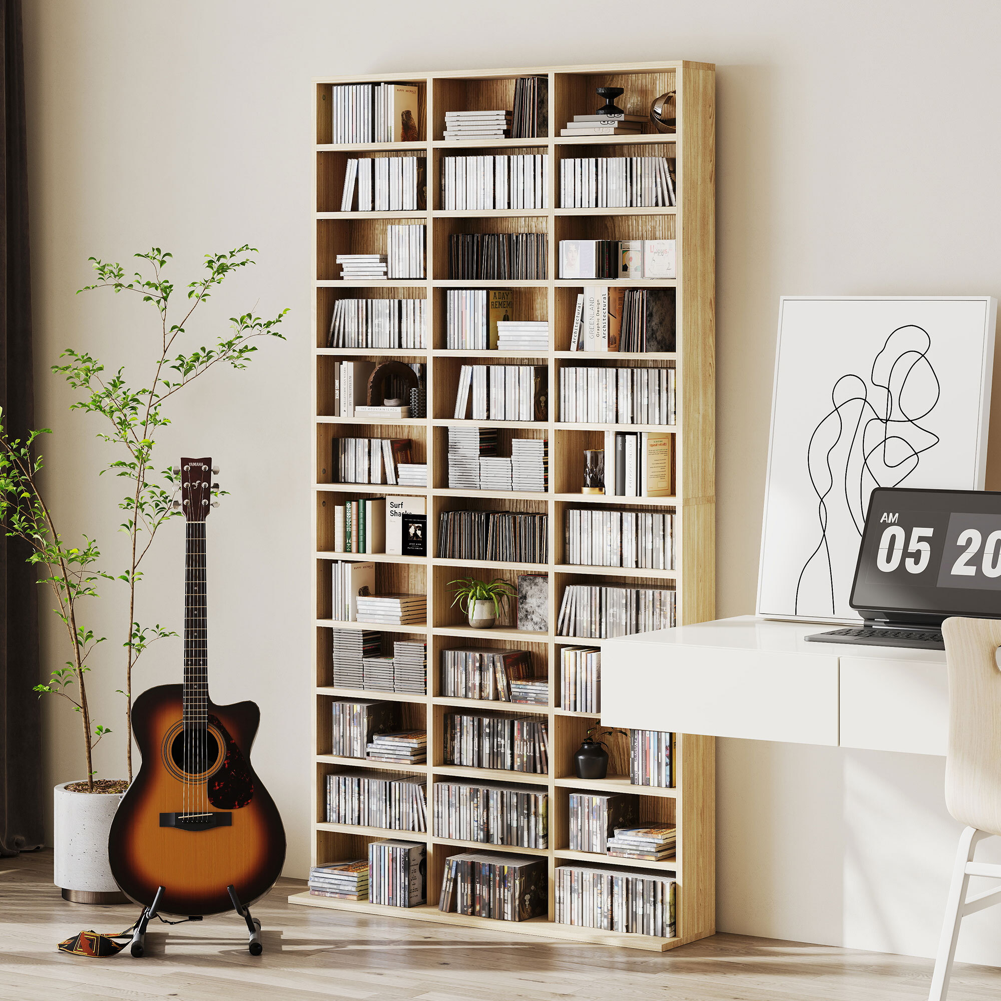 Étagère rangement CD/DVD meuble de rangement pour 1116 CDs 33 compartiments réglables en hauteur 102 x 24 x 195 cm effet bois clair
