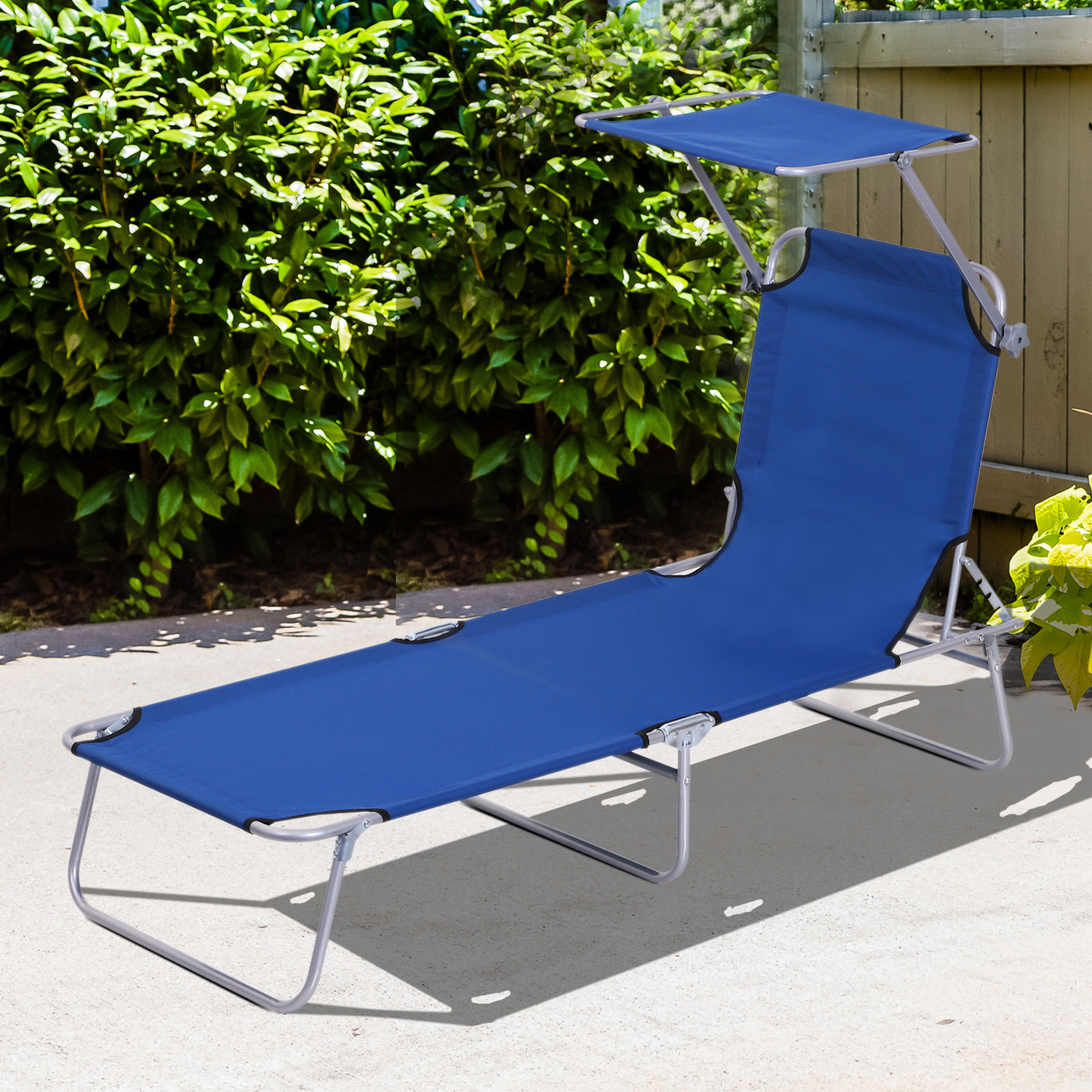 Tumbona Plegable Tumbona de Jardín Exterior Reclinable con Toldo Desmontable con Ángulo Regulable Respaldo Ajustable en 4 Niveles para Terraza Piscina Patio 187x58x36 cm Azul