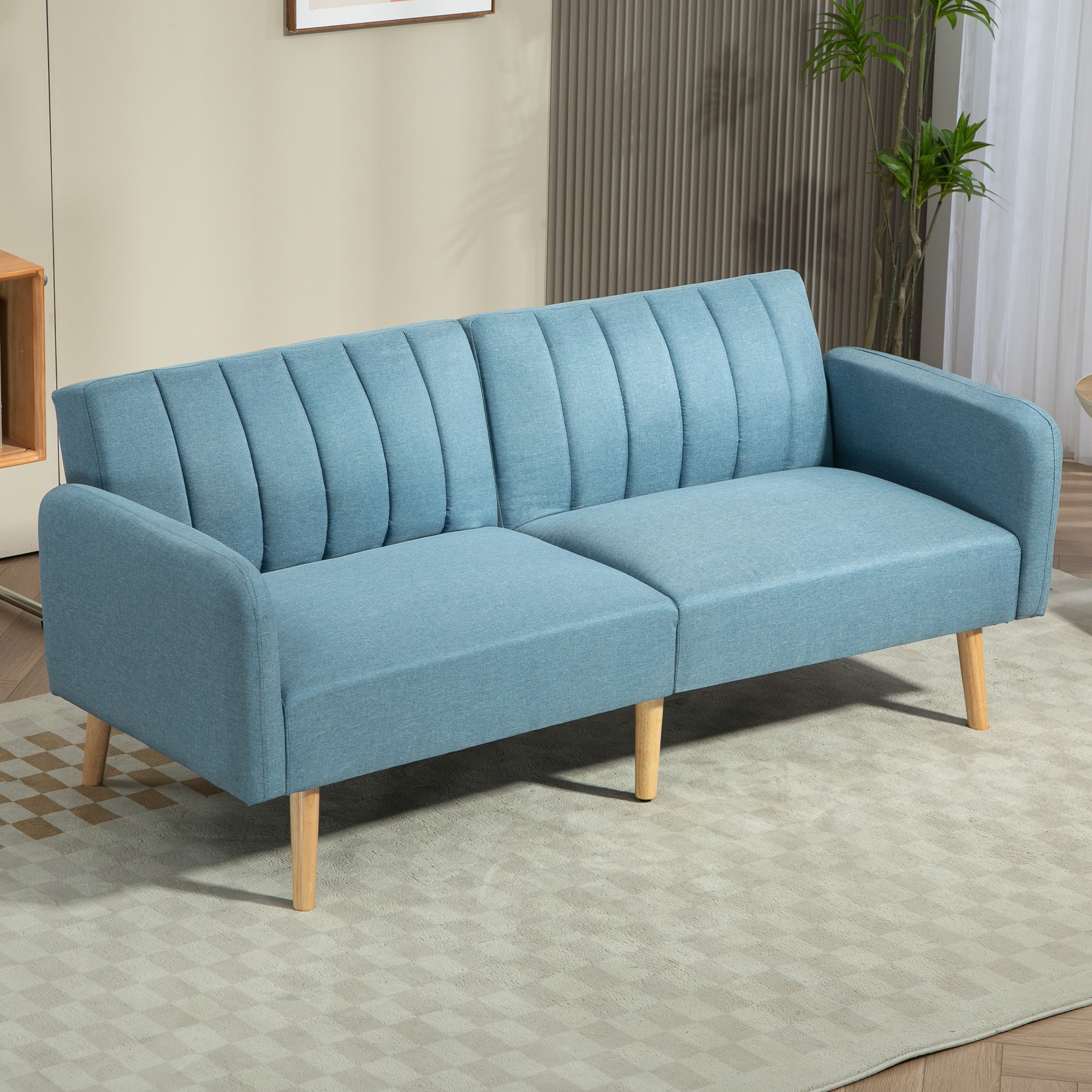 Sofá Cama de 2 Plazas Moderno Sofá Cama Plegable Tapizado en Lino Sintético con Respaldo Ajustable en 3 Niveles y Reposabrazos Desmontables para Salón Oficina 173x75x73 cm Azul Claro