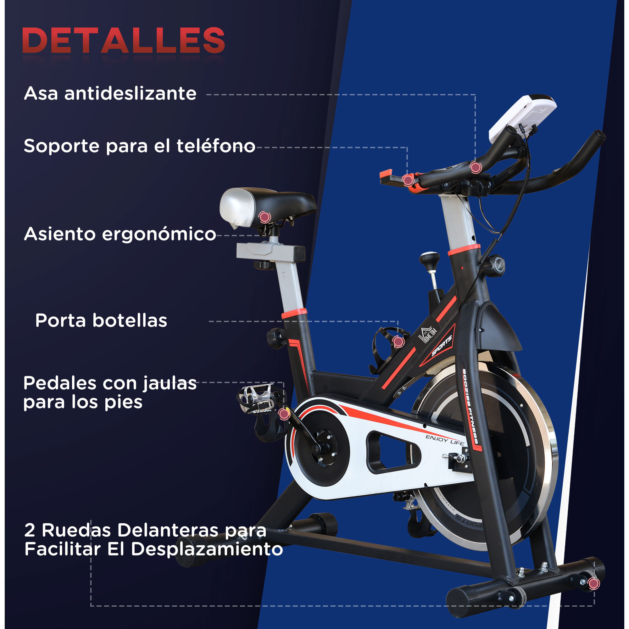 Bicicleta Estática Resistencia Ajustable con Volante Inercia 8 kg 103x48x115 cm