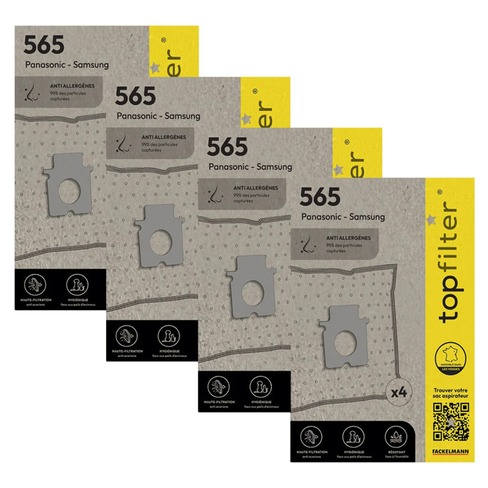 Lot de 4 packs de 4 sacs aspirateur 64565 pour Samsung et Panasonic TopFilter Premium