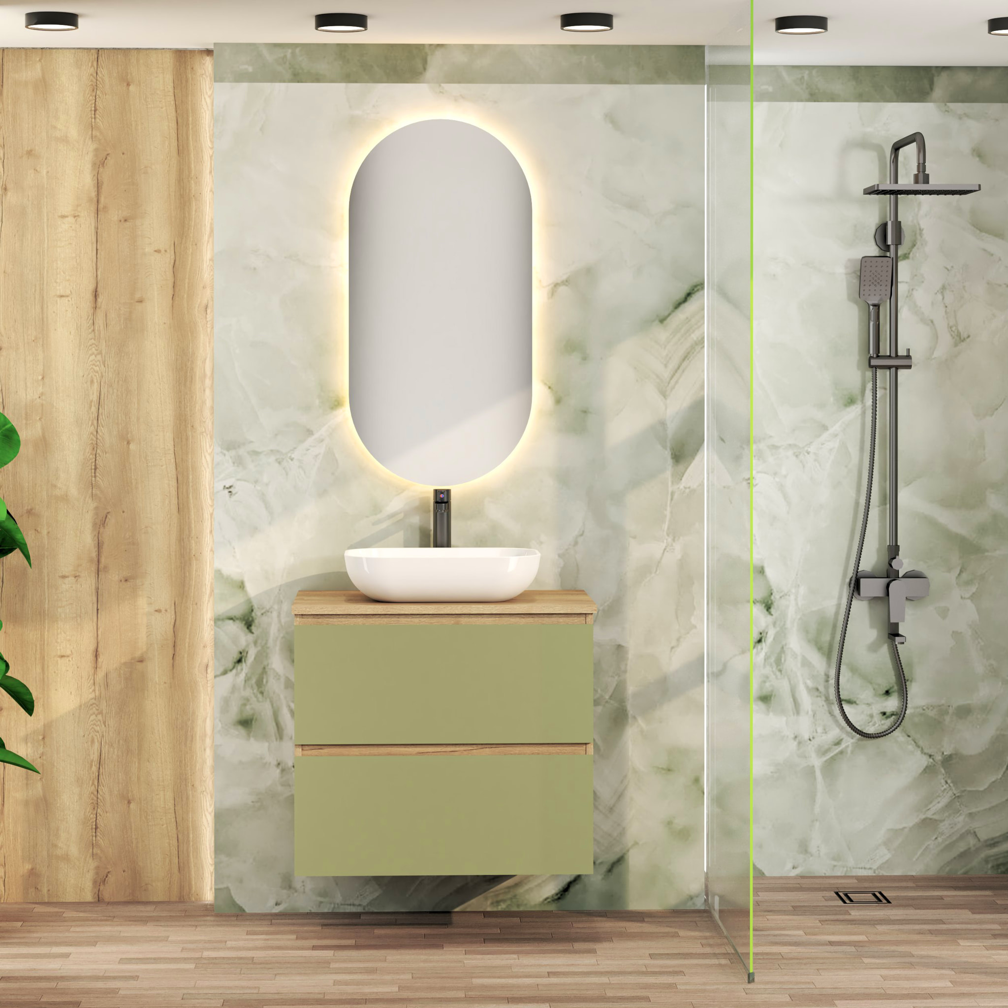 Conjunto de Baño Nia | Mueble Suspendido | 70 cm Verde | Dos Cajones | Lavabo Sobrepuesto | No incluye Espejo | Mueble Montado| Alday