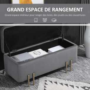 HOMCOM Grand pouf coffre de rangement design contemporain- banc avec espace de rangement - dim. 100L x 40l x 42H cm - velours gris foncé piètement métal doré