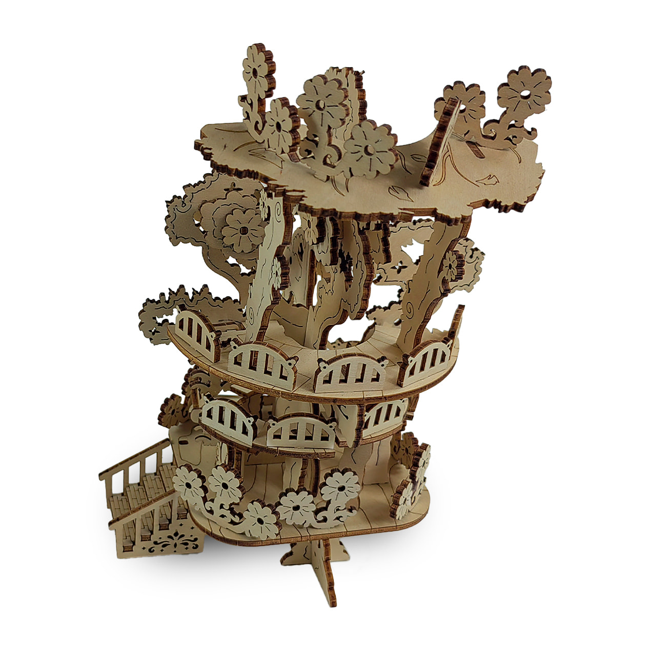 Modello in legno 3D, con movimento meccanico design albero con fiori. 97 pezzi.