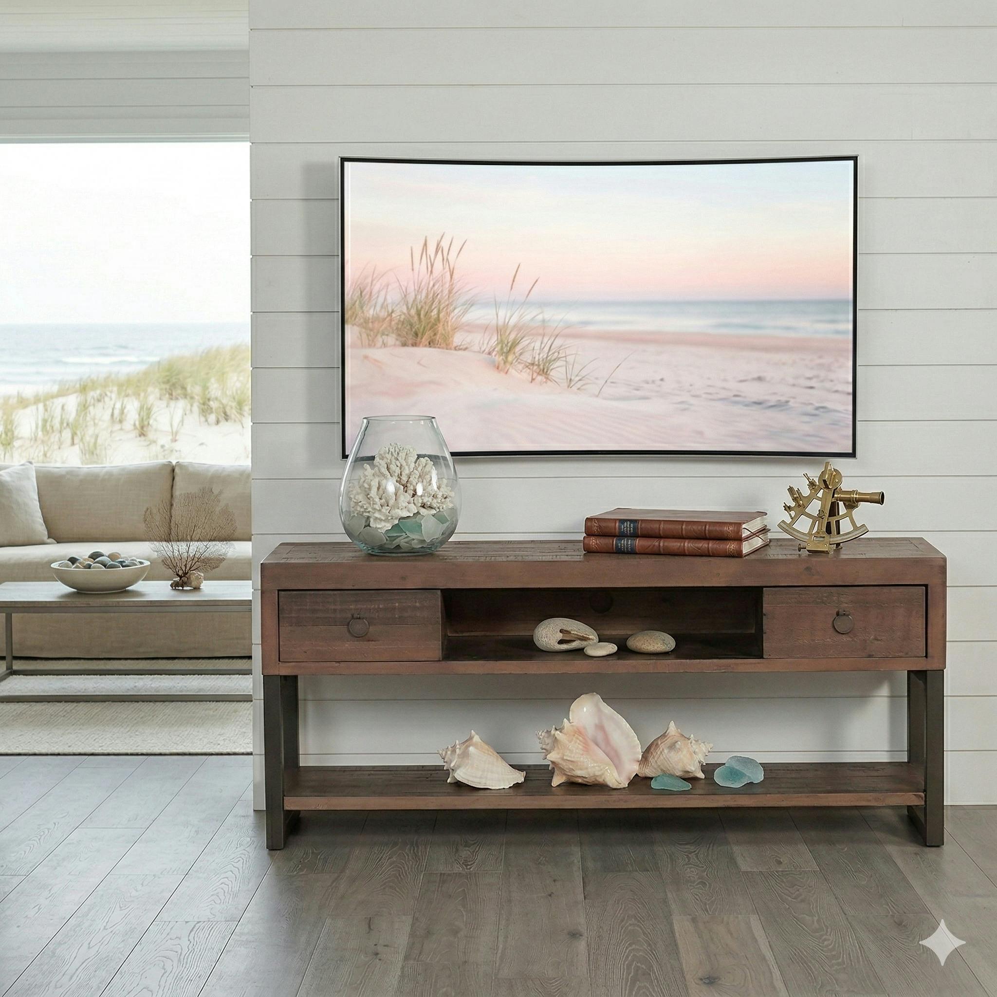 Meuble TV bois brun recyclé double plateau SAMOA