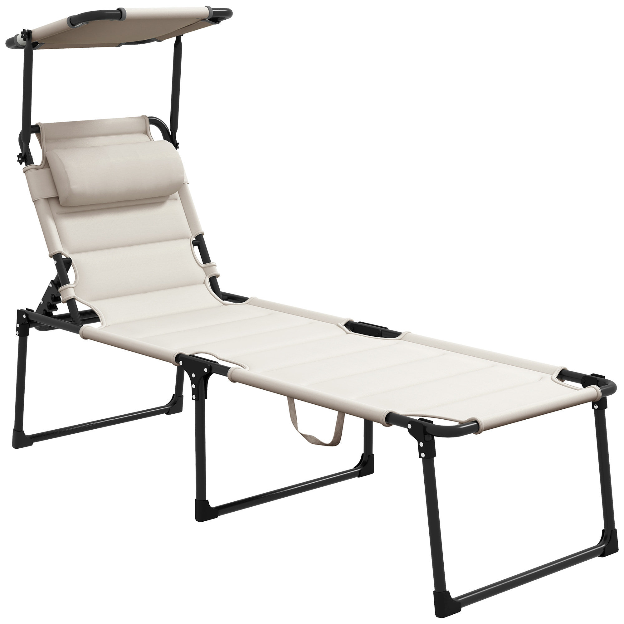 Tumbona Plegable Tumbona de Jardín con Toldo Ajustable Respaldo Regulable en 4 Niveles y Reposacabezas para Terraza Piscina 70x200x45 cm Crema