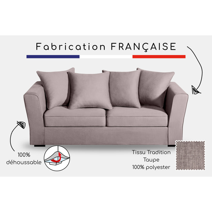 Canapé 3 pl YSER 200 cm fixe tissu Tradition Taupe - 100% déhoussable - Fabriqué en France