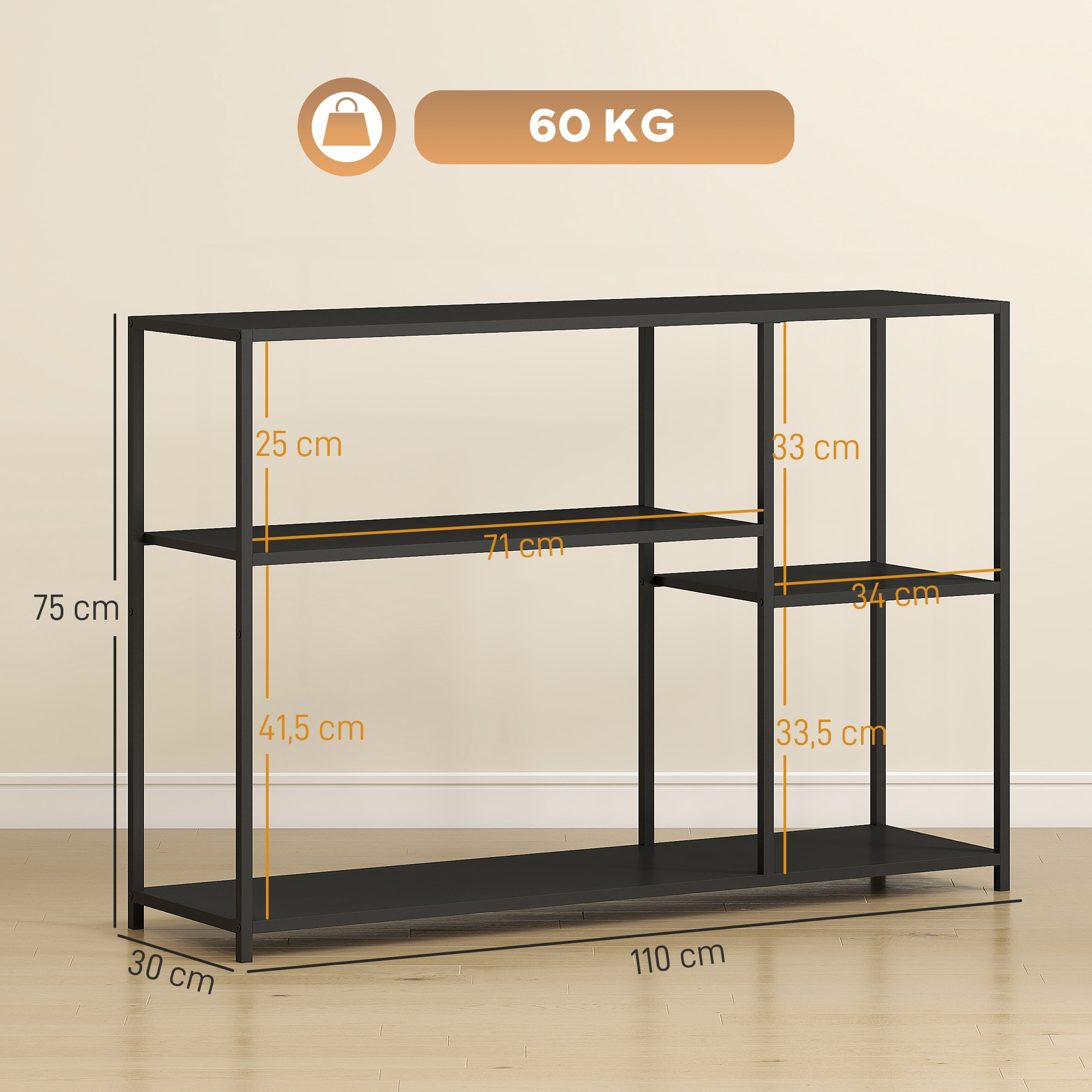 Console meuble d'entrée style industriel 4 étagères dim. 110 x 30 x 75 cm acier panneaux noir