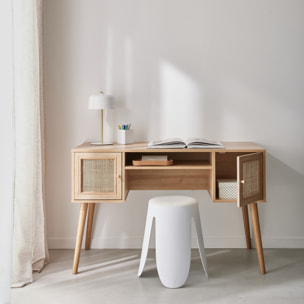 Bureau cannage et décor bois avec 2 portes. 1 casier ouvert. pieds compas