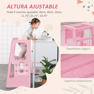 HOMCOM Torre de Aprendizaje para Niños Taburete Infantil con Altura Ajustable en 3 Posiciones y Plataforma Antideslizante para Cocina Comedor Baño 47x47x90 cm Rosa