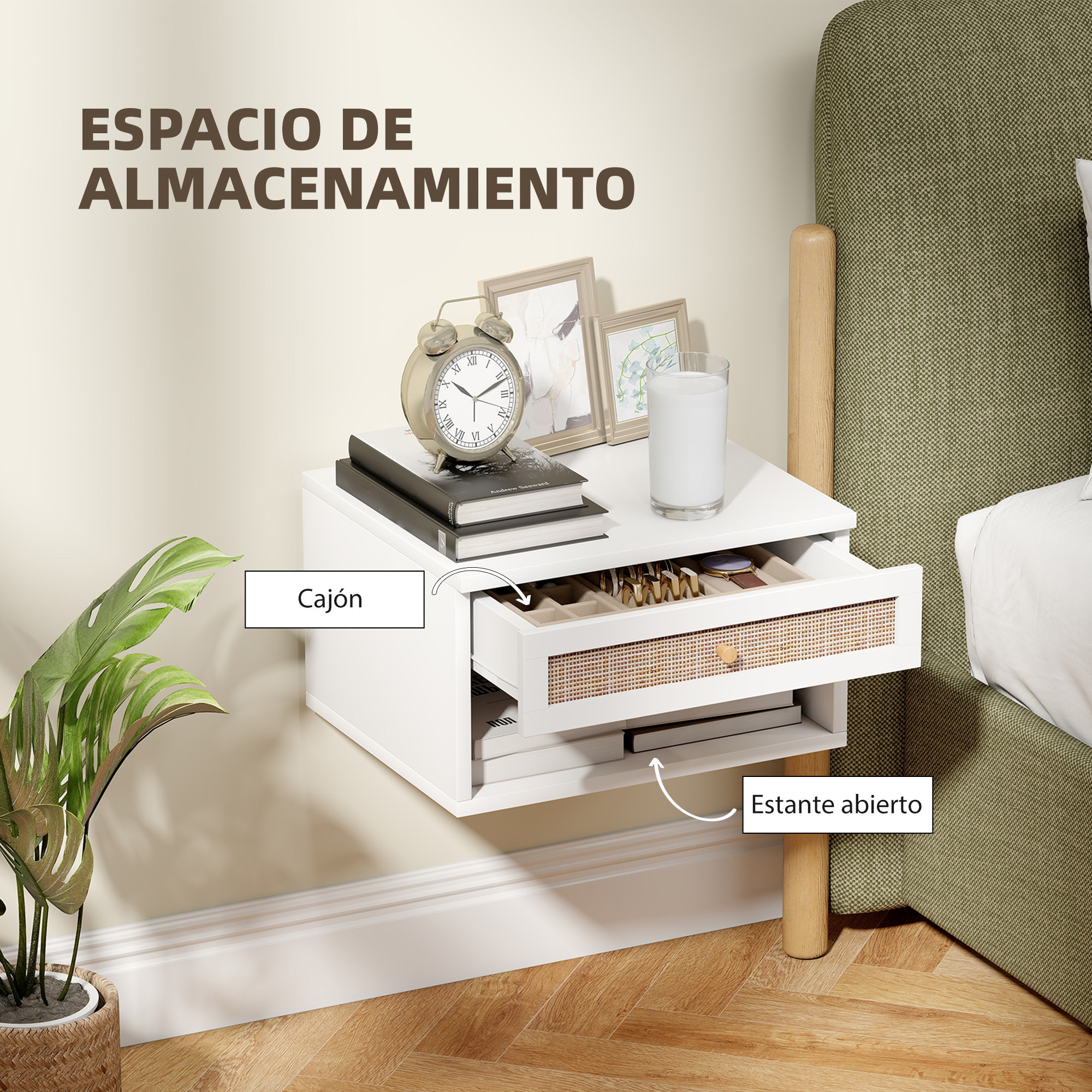 Juego de 2 Mesitas de Noche Flotantes de Pared con Cajón de Ratán y Estante Abierto, Mesillas de Noche Dormitorio de Estilo Nórdico, para Sala de Estar, 40x34x23 cm, Blanco