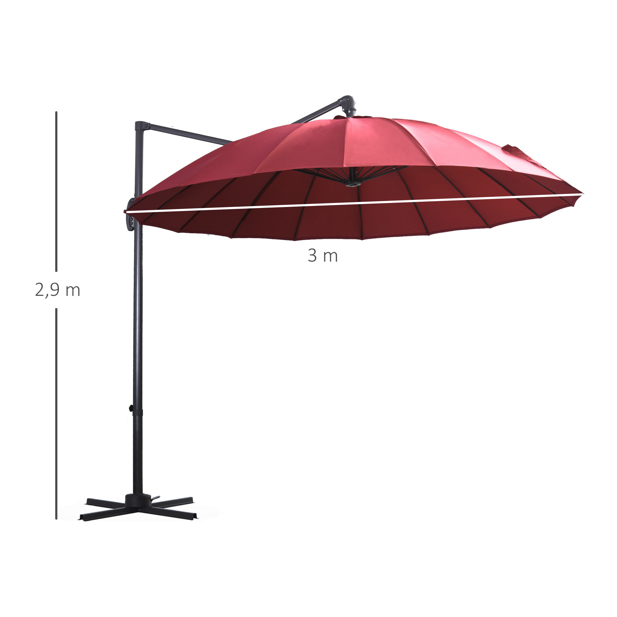 Sombrilla Jardín Ø300cm con Manivela Poste Giratorio 360° Techo Inclinable Rojo