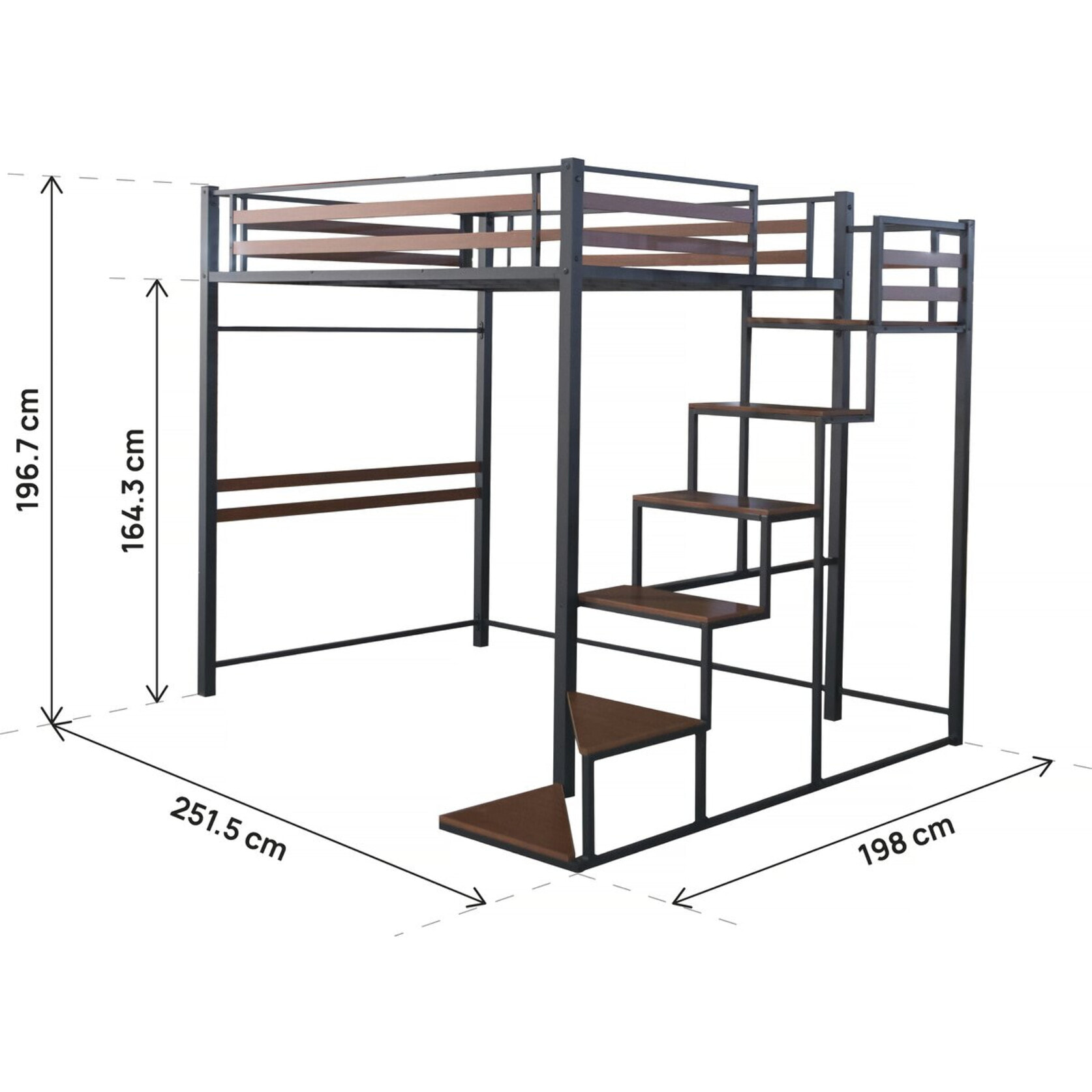 Lit mezzanine en métal avec escalier "LENA" - 140 x 190 cm - Noir et marron noyer