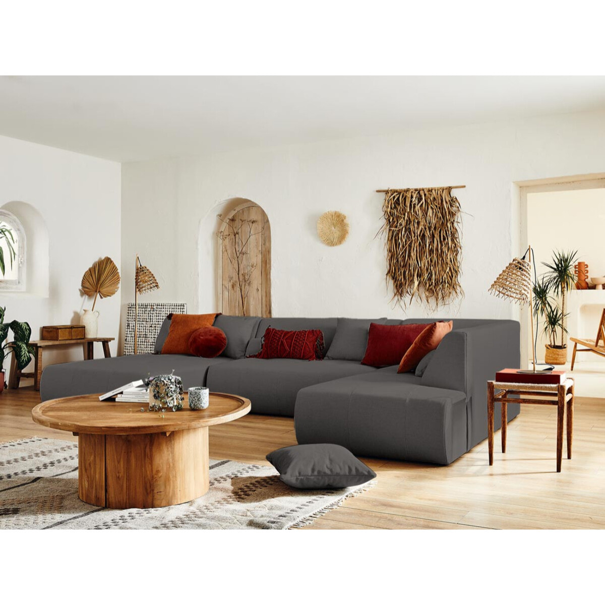 Onyx - canapé modulable panoramique d'angle droit 7 places - en tissu - Gris foncé