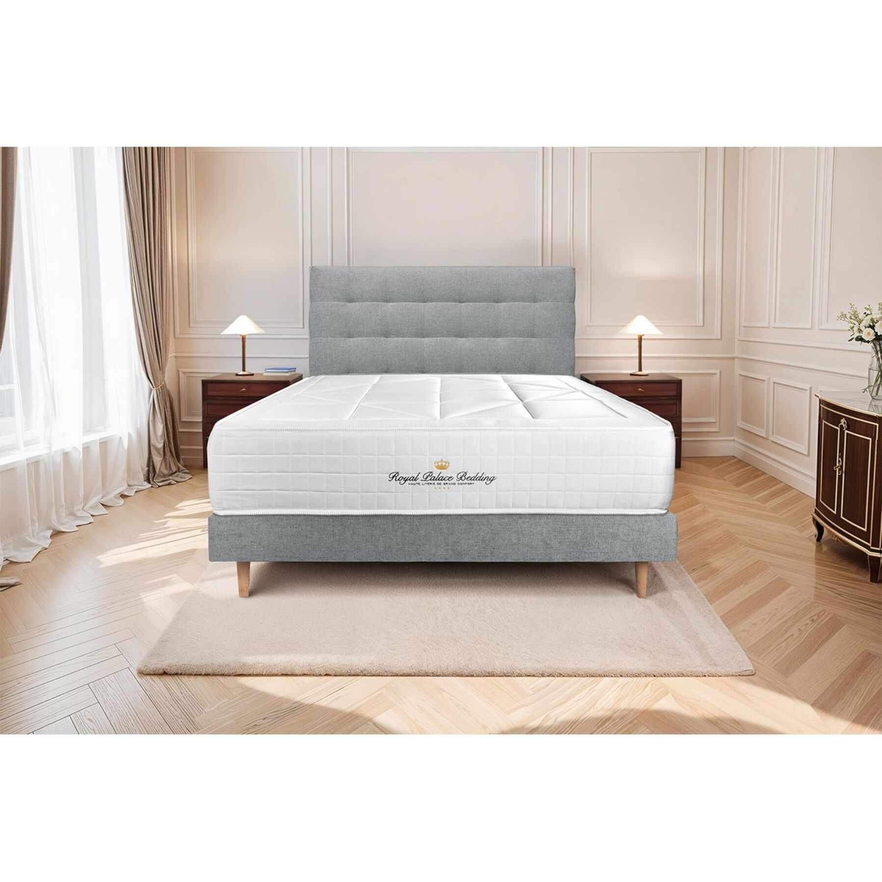Lit Windsor Sommier tapissier en tissu - pieds bois