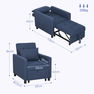 Fauteuil chauffeuse canapé-lit convertible 1 place dossier inclinable 3 positions coussin inclus polyester coton bleu