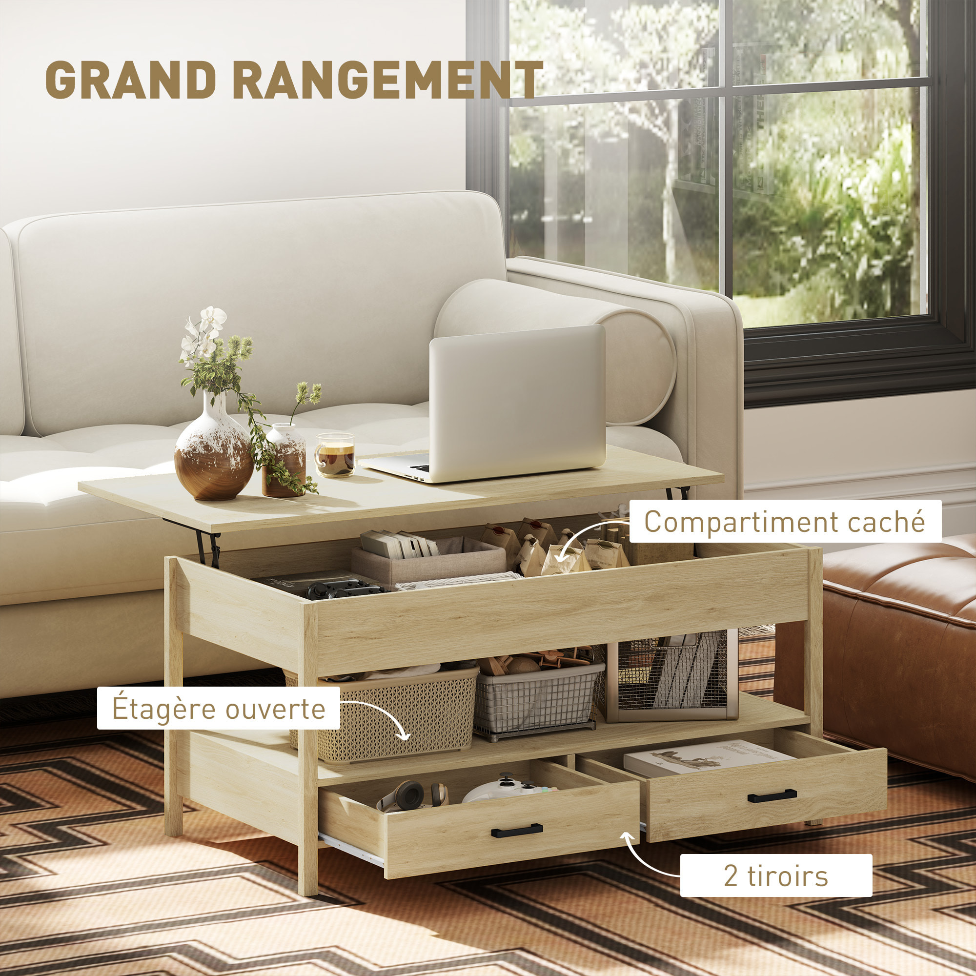 Table basse relevable 2 tiroirs étagère grand compartiment rangement dim. 100 x 50 x 62 cm effet bois clair