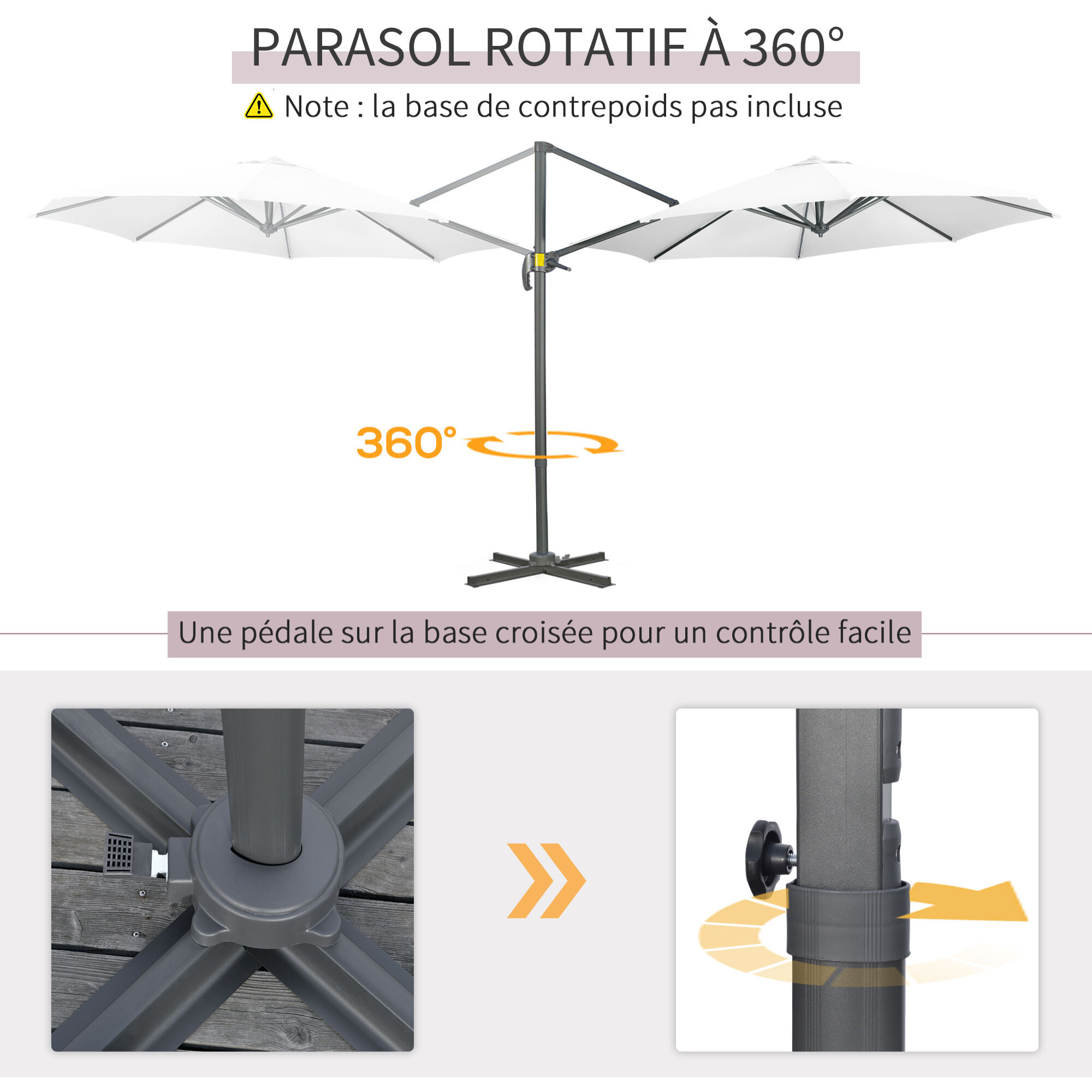 Parasol déporté octogonal inclinable manivelle avec pied en acier Ø 2,94 x 2,48H m blanc