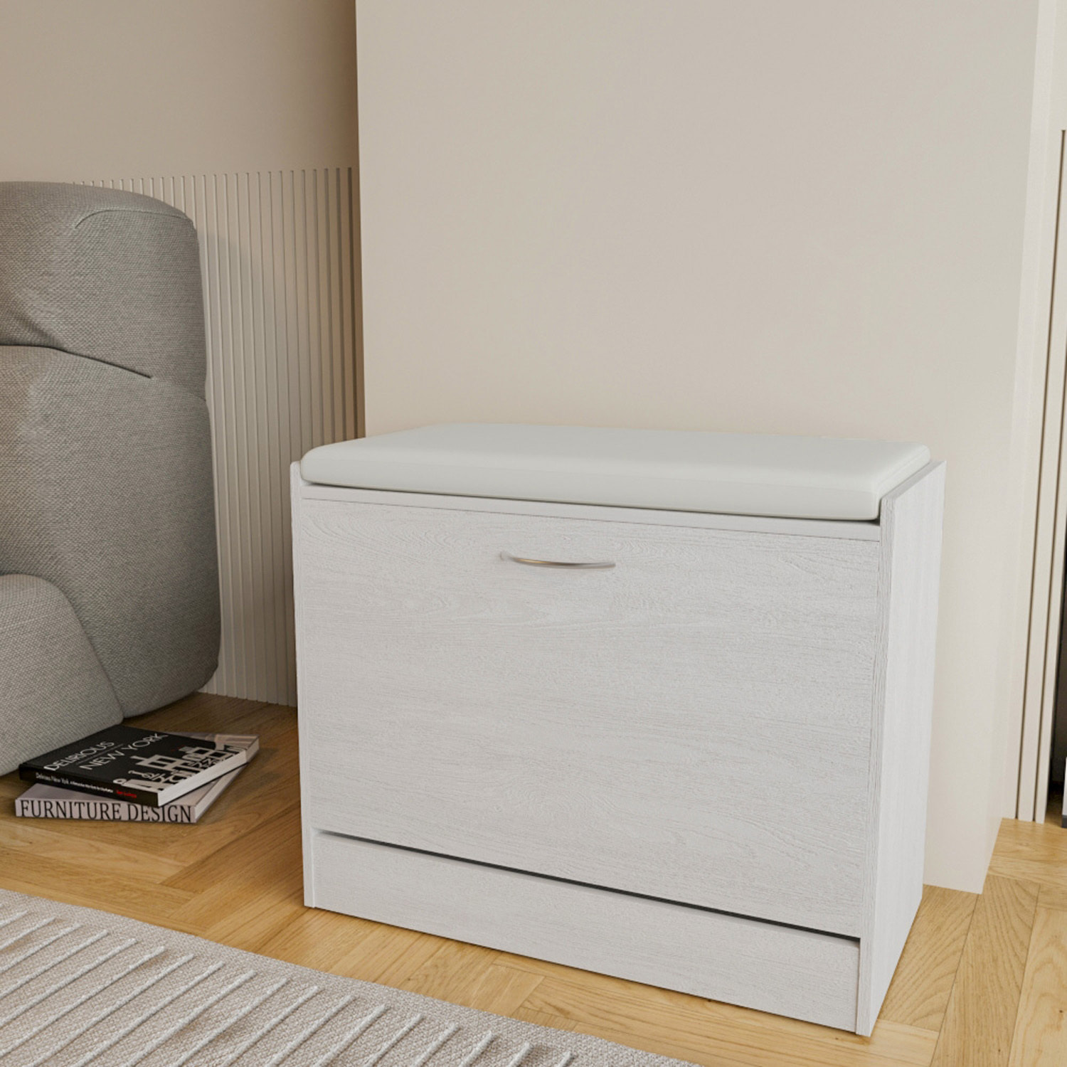 Panca Scarpiera Da Ingresso Salvaspazio Cuscino Anta Ribalta Seduta Imbottita In Ecopelle Soggiorno Casa Camera 60 x 30 x 48 Cm Bianco Frassinato