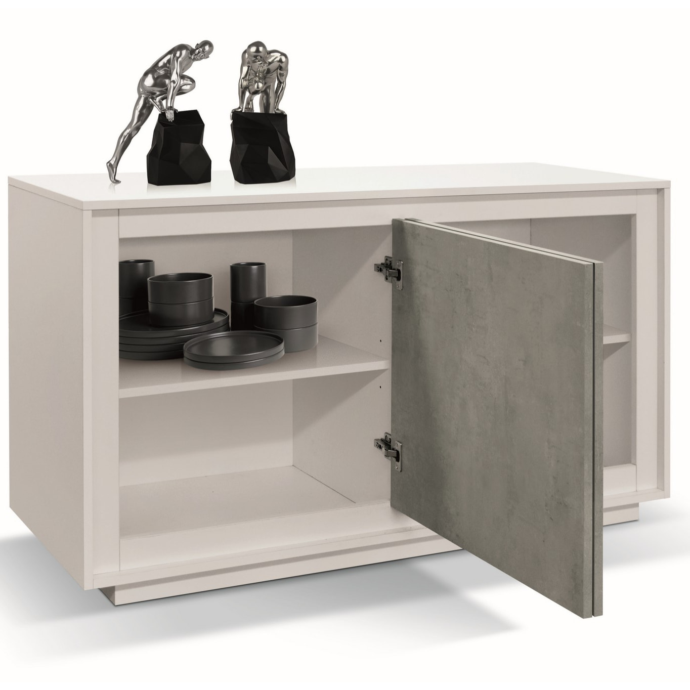 Credenza LAMPEDUSA in legno, finitura bianco frassinato, ante finitura grigio cemento, 140x50 cm