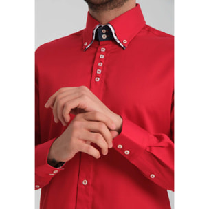 Camicia Uomo 2 Bottoni Button Down 7bottoni Doppio Coll Satin Unito Rosso