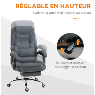 Fauteuil de bureau direction massant par pétrissage - réglable, inclinable, repose-pied rétractable - tissu gris