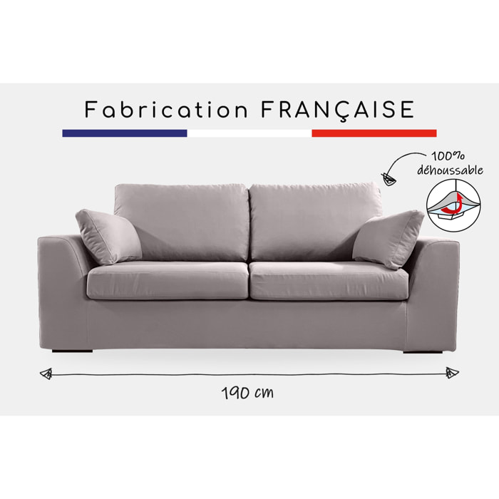 Canapé 3 pl TRESSIN 190 cm fixe tissu coton Gris Clair - 100% déhoussable - Fab. France