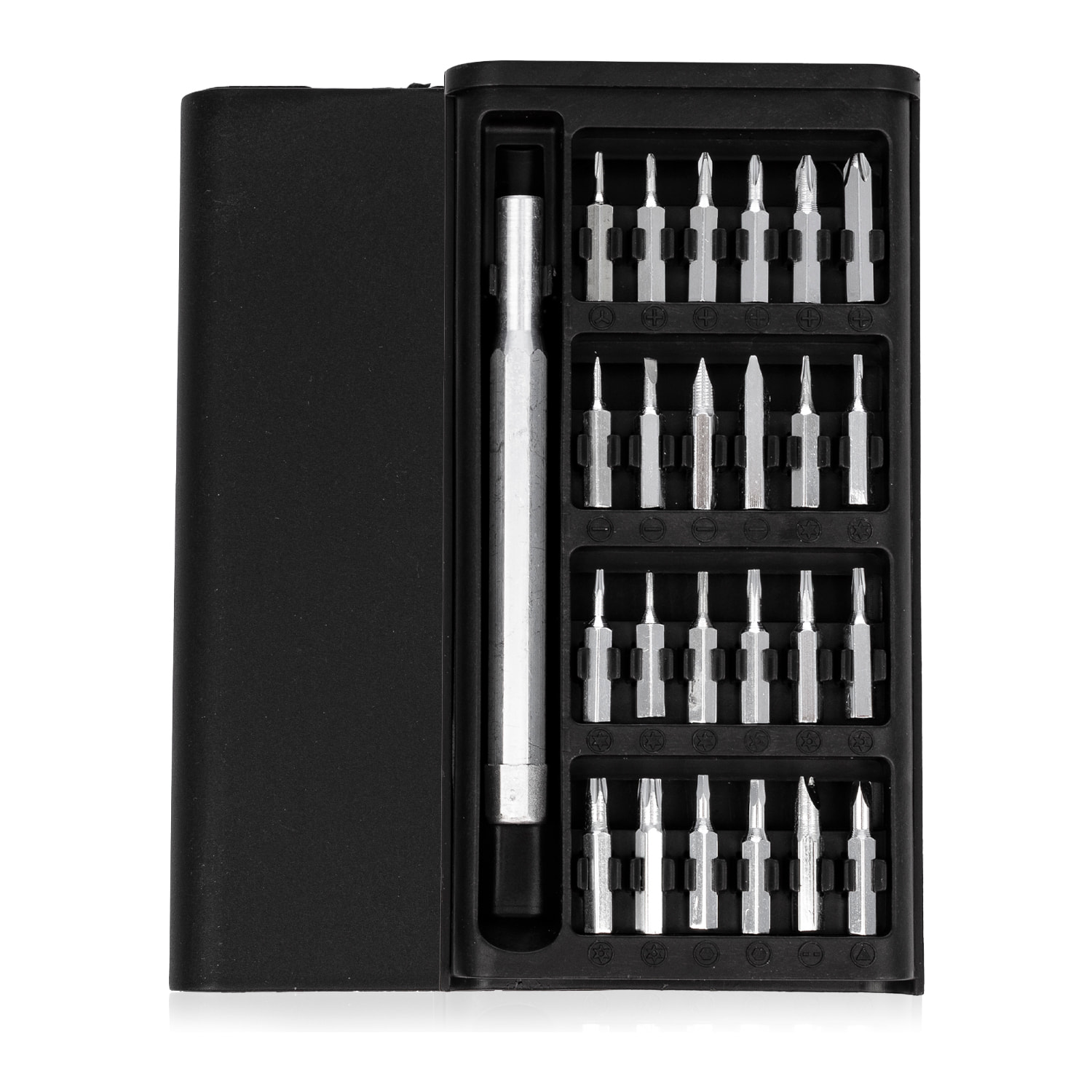 Juego de destornillador 24 en 1 con cuerpo metálico, carcasa con apertura por deslizamiento y puntas de acero.