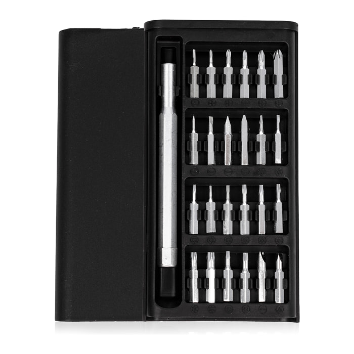 Juego de destornillador 24 en 1 con cuerpo metálico, carcasa con apertura por deslizamiento y puntas de acero.
