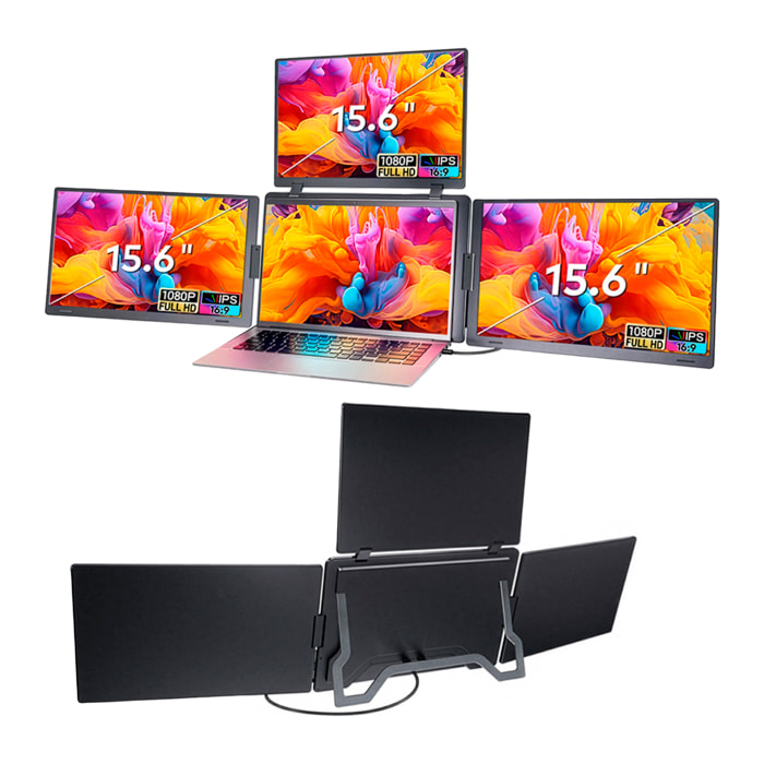 Monitor portátil triple S888 Pro de 15.6” con triple pantalla IPS 1920x1080 16:9. Compatible con laptops Windows y MacOS. Incluye bolsa de transporte.