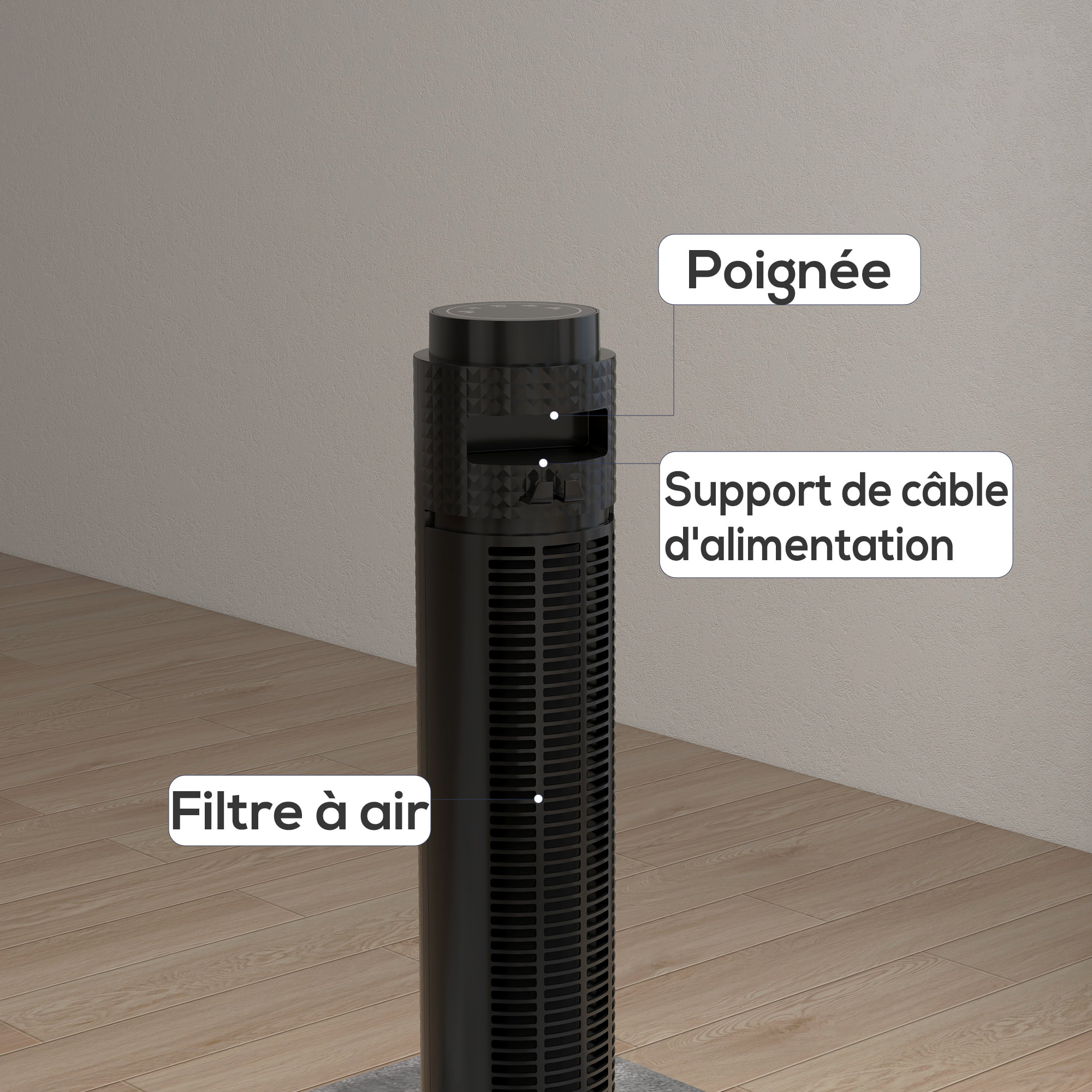 Ventilateur colonne tour oscillant 45 W silencieux télécommande incluse timer 4 modes 3 vitesses filtre noir