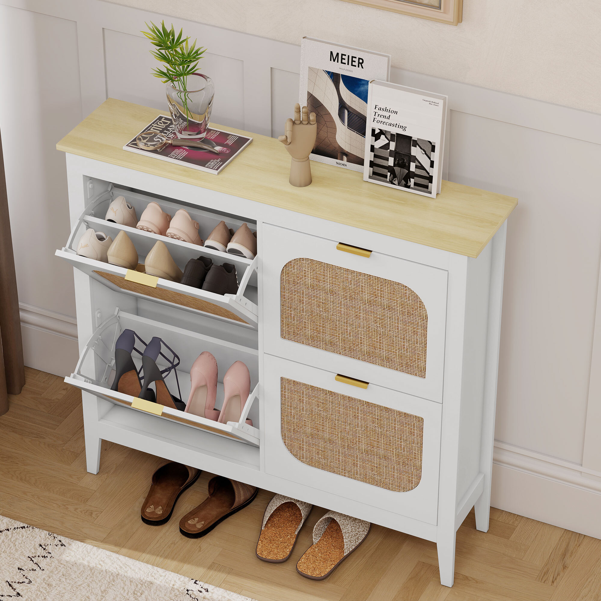 Zapatero Estrecho con 4 Puertas de Ratán Zapatero Entrada Recibidor con Estantes Ajustables para 20 Pares de Zapatos 105x24x95,5 cm Blanco