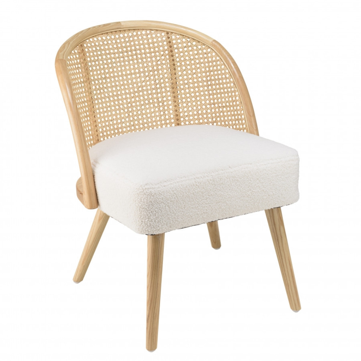 ALBANE- Chaise basse Hévéa assise tissu bouclette blanc dossier rotin