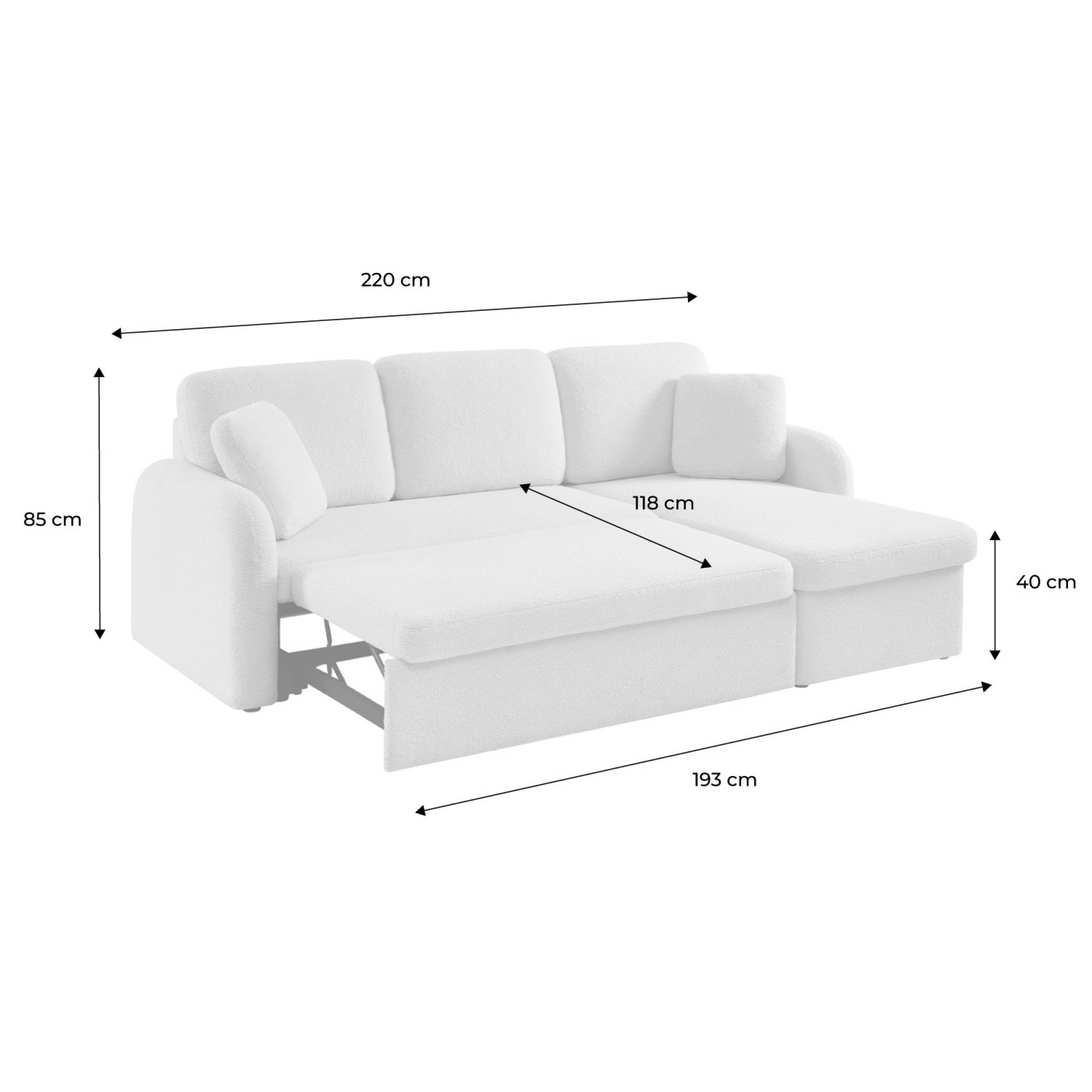 Canapé d'angle convertible en tissu bouclettes blanches - Milano - 3 places. fauteuil d'angle réversible coffre rangement lit modulable