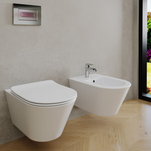 Coppia Sanitari Sospesi Vaso WC Rimless Con Tornado Flush E Bidet Sospeso Moderno Tondo In Ceramica Con Copriwater Chiusura Soft Close Bianco Lucido