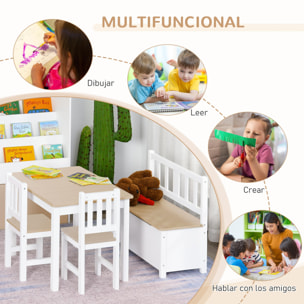 Conjunto de Mesa 2 Sillas y Banco para Niños de Madera con Espacio de Almacenamiento Muebles Infantiles para Sala de Juegos Habitación de Niños Blanco y Natural