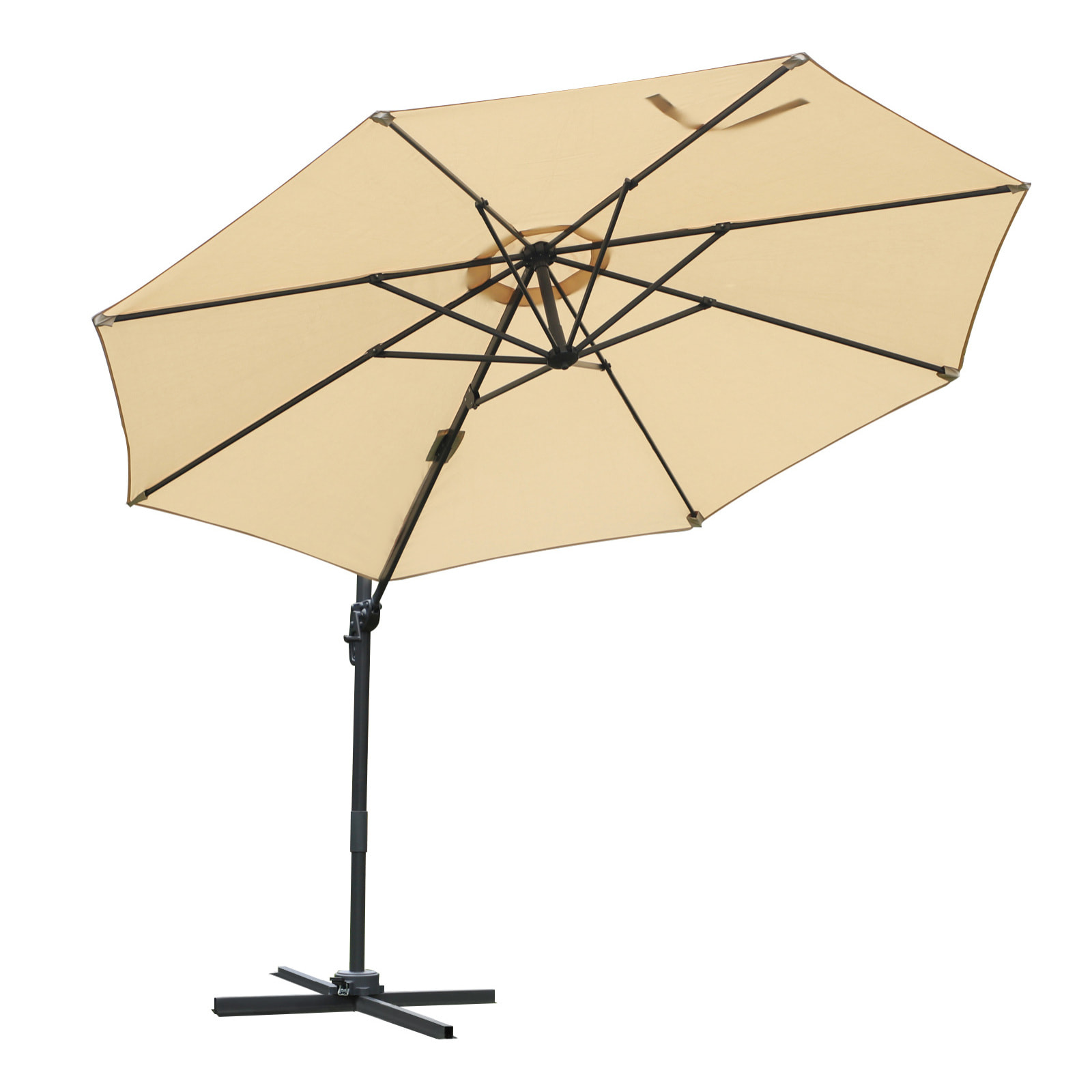 Parasol déporté octogonal inclinable rotatif 360° manivelle piètement acier mât alu. dim. Ø 2,95 x 2,5H m polyester haute densité beige