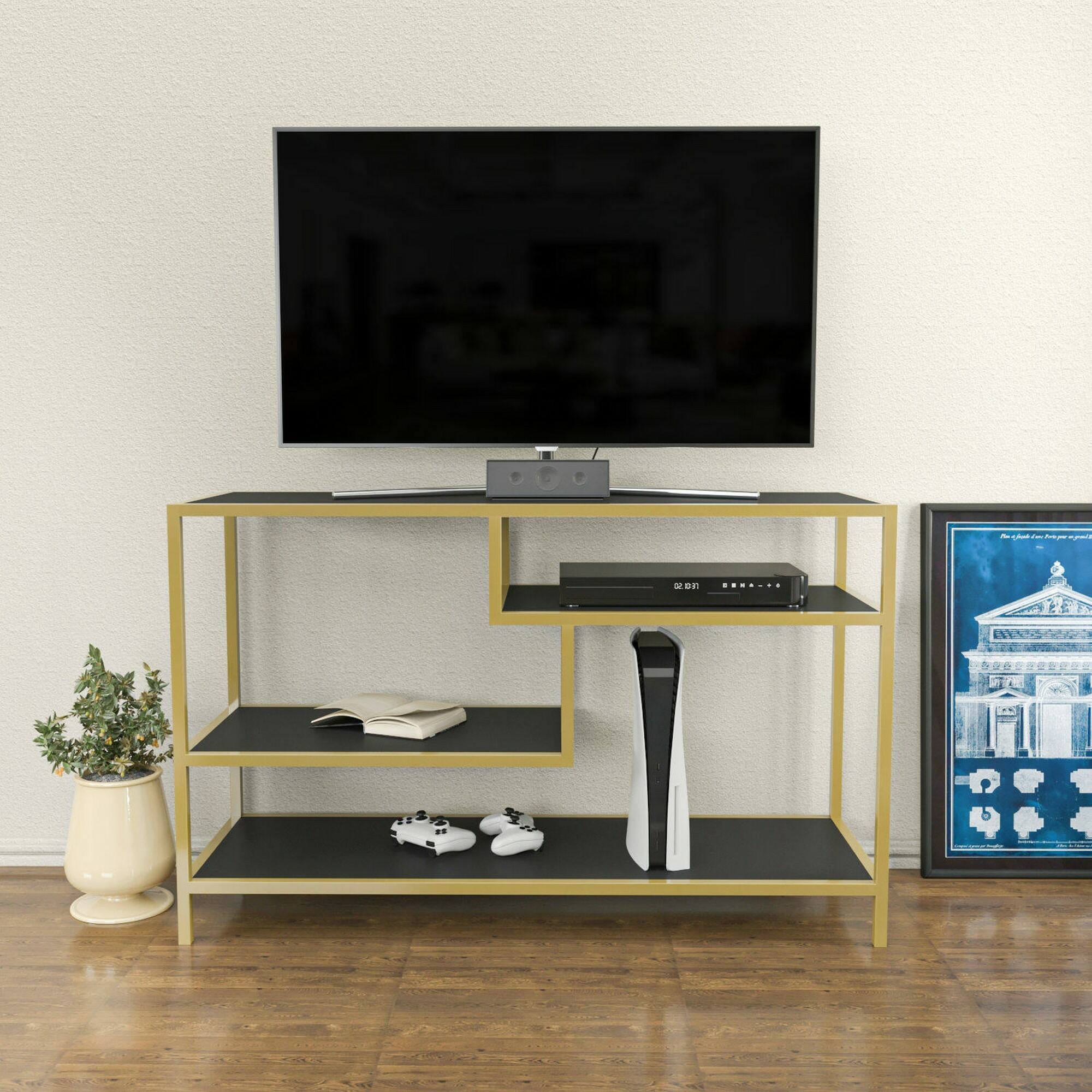 Mobile porta TV Dplizzar, Credenza da soggiorno, Armadio basso per TV, Base parete attrezzata, 120x39h75 cm, Oro e Antracite