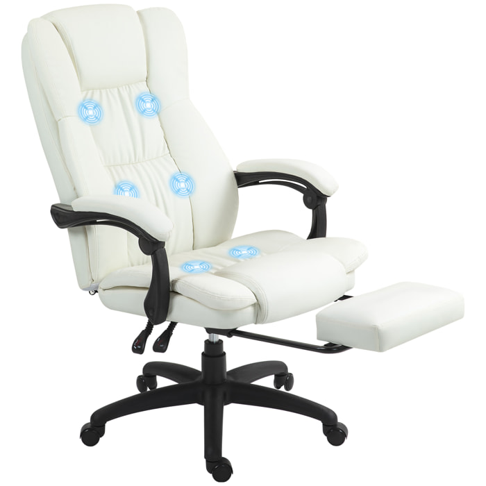 Silla de Masaje con 6 Puntos de Masaje Silla de Oficina Giratoria Silla de Despacho Reclinable con Altura Ajustable Reposapiés Retráctil y Control Remoto 68,5x68,5x113-121 cm Crema