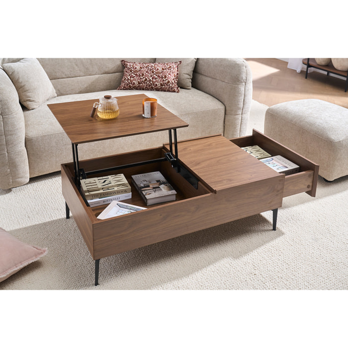 Table basse relevable rectangulaire bois foncé finition noyer et métal noir L103 cm SEDA