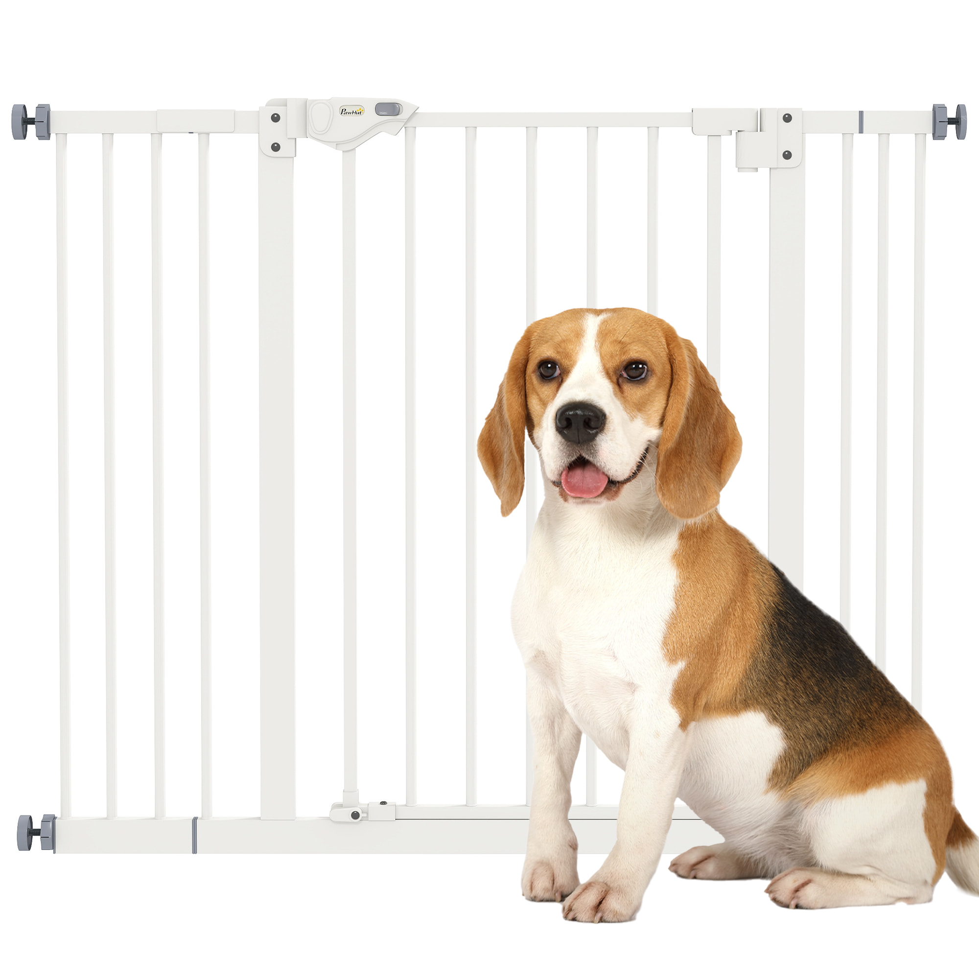 Barrera de Seguridad para Perros Extensible 74-100 cm, para Puertas y Escaleras, Barrera para Perros Medianos, Cierre Automático Montaje a Presión Doble Bloqueo 2 Extensiones 7/14 cm, Blanco
