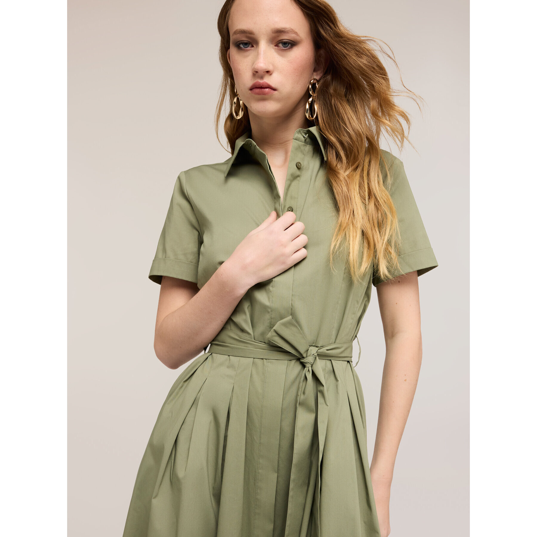 Motivi - Vestito chemisier in popeline con cintura - Verde militare