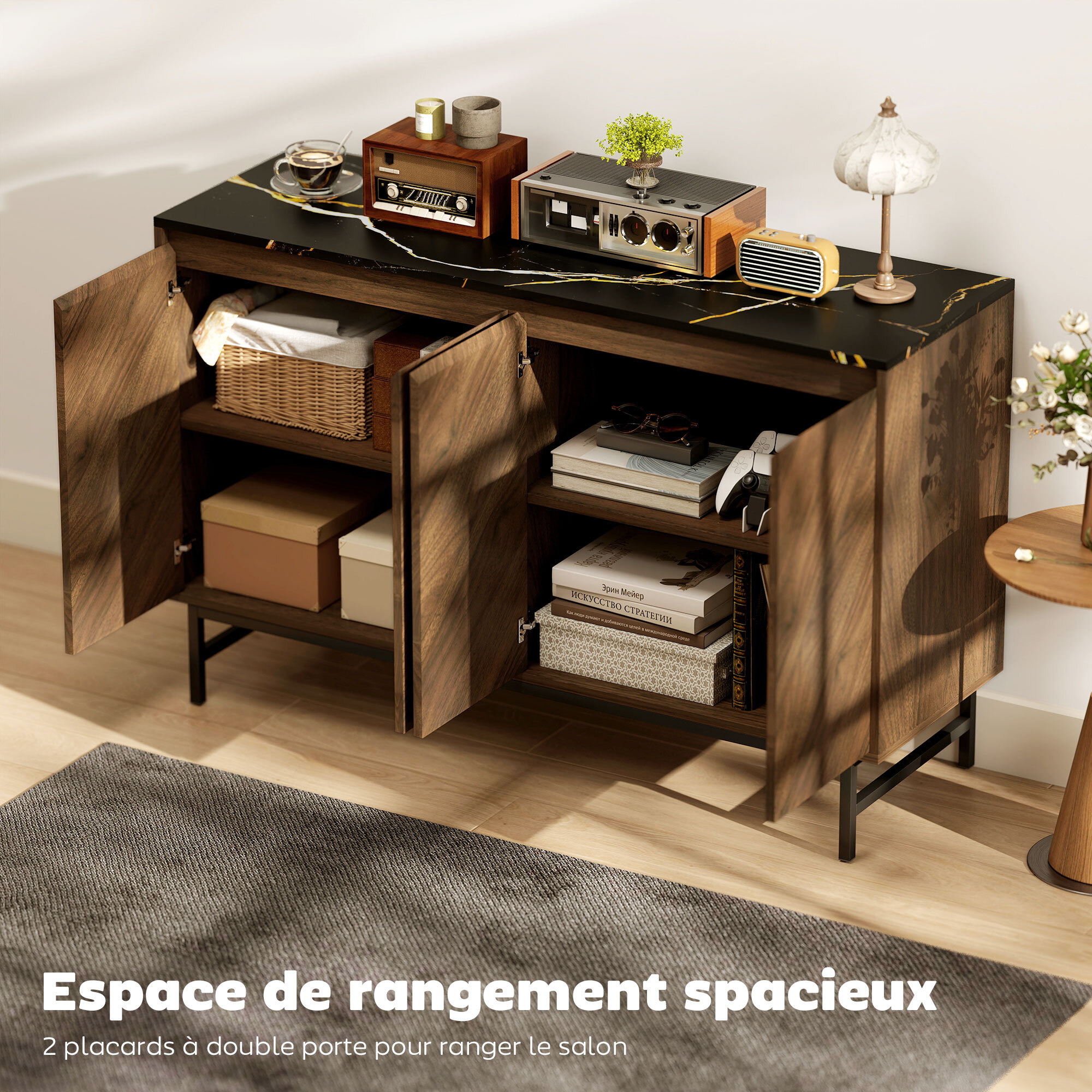 Meuble TV 120 cm, pour téléviseur jusqu'à 55 pouces avec 4 portes, plateau effet marbre, étagères réglables et pieds en acier