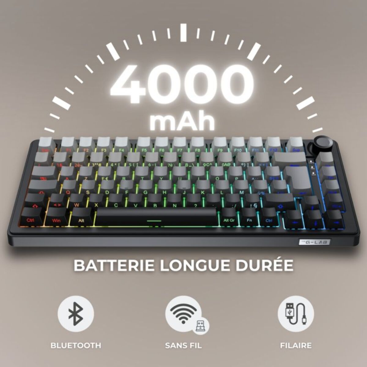Clavier gamer sans fil THE G-LAB Keyz Elite 300 RGB Triple Mode Gris