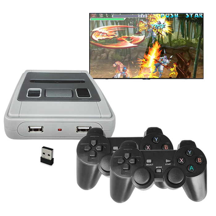 Console retrò per simulatore di gioco wireless per due giocatori. Include due controller wireless e una scheda di memoria con più di 13.000 giochi.