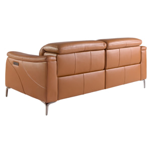 Sofá relax de 3 plazas tapizado en piel de origen vacuno en marrón con reposacabezas para patas de acero inoxidable cromado oscuro 2 sistemas de relax eléctrico 188x108x77cm