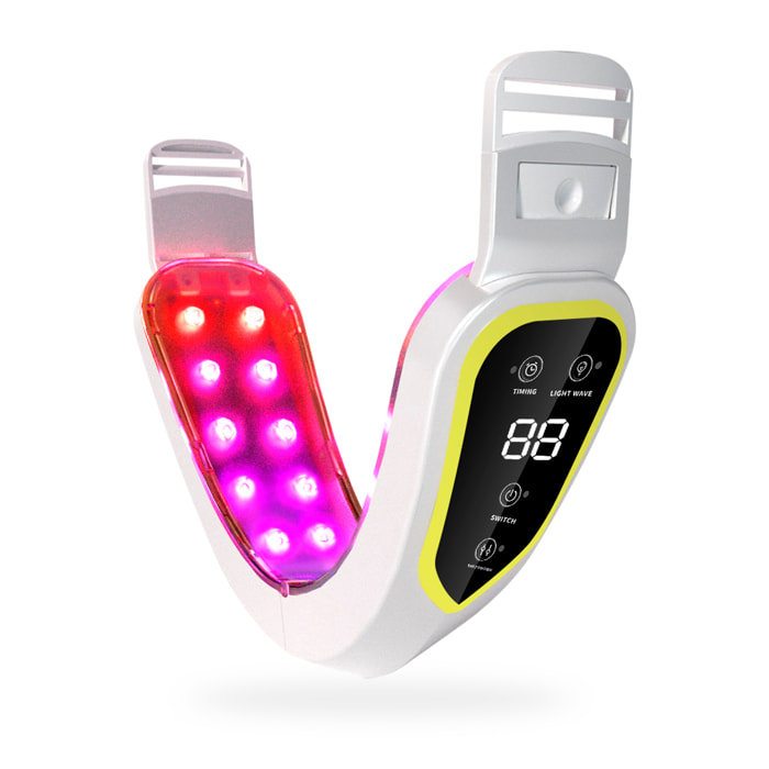 Dispositivo de belleza facial con 12 niveles de ajuste, 5 modos de luz LED y temporizador.