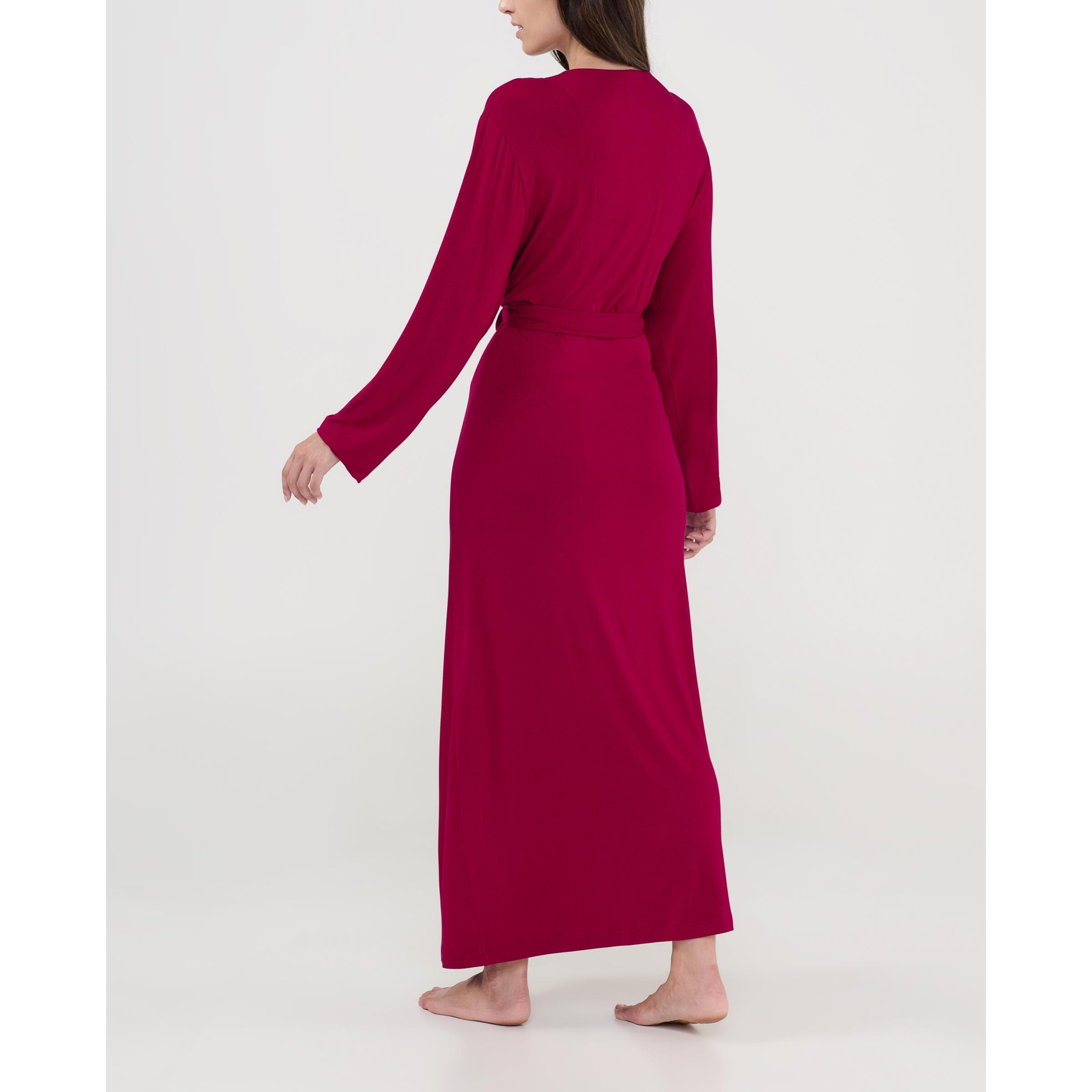 Bata mujer modal lisa, cruzada con cinturon, cuello tirilla y bolsillos laterales, maxi larga